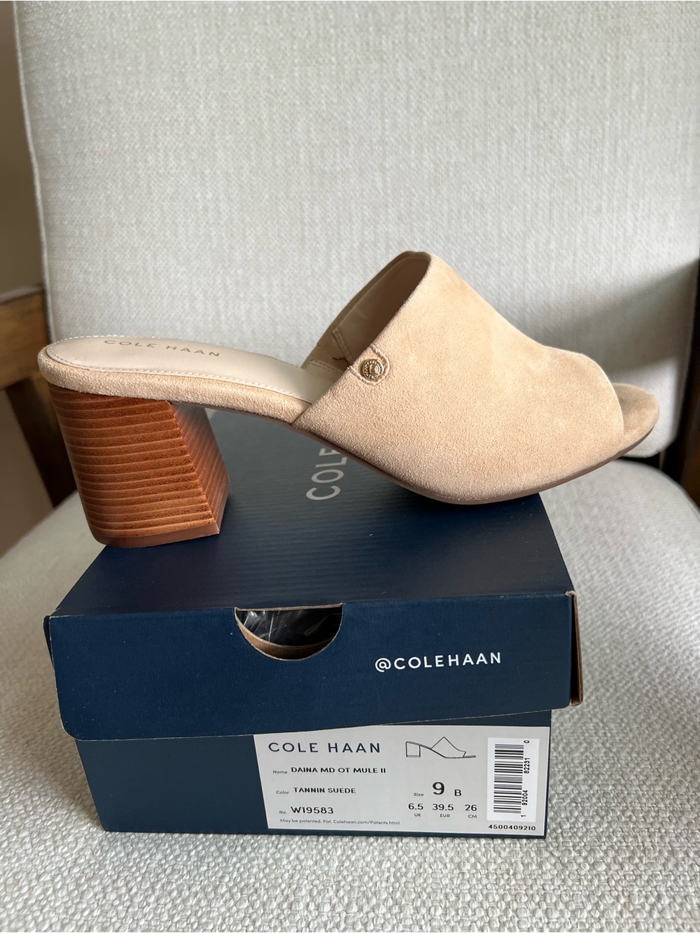 Cole Haan Beige Suede Open-Toe Block Heel Mule
